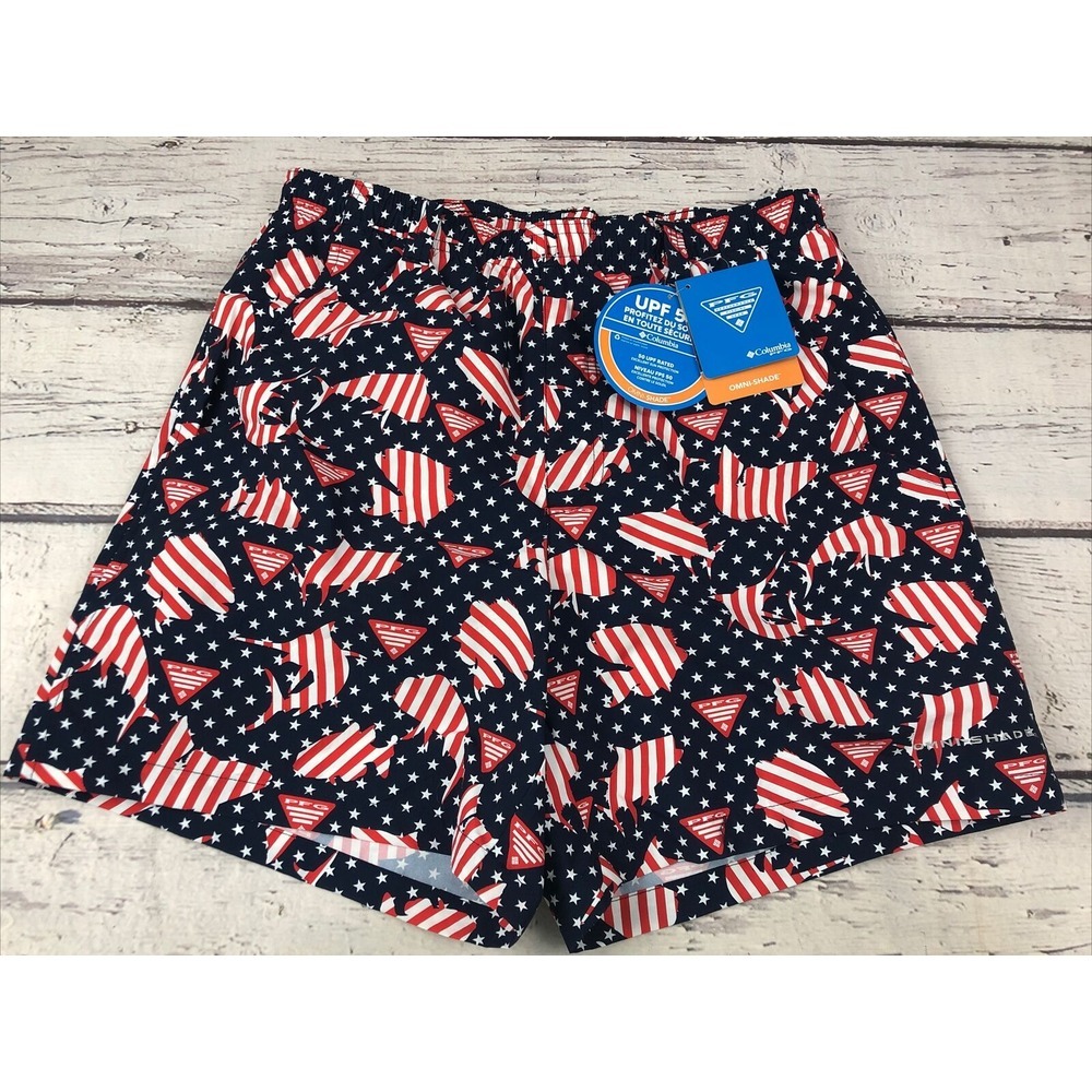 Columbia PFG Super Backcast Water Shorts Patriotic Fish‎ Pattern Men's Small NWT